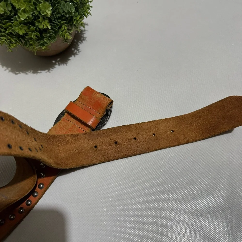 Vintage Texas Belt Buckle Genuine Leather Orange Studded Western Belt Mens Small